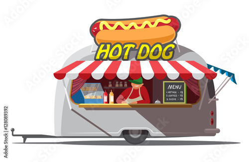 Hot dog trailer. Fast food. Isolated. Vector illustration
