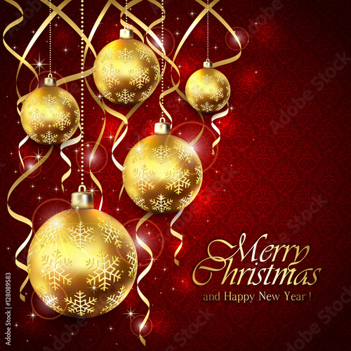 Red Christmas background with balls and golden tinsel