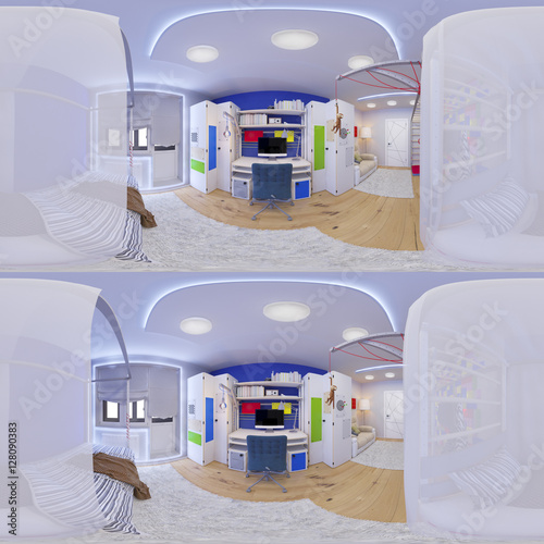 3d illustration spherical 360 degrees, seamless panorama of children's room interior design. Stereo 360 image for glasses  virtual reality.