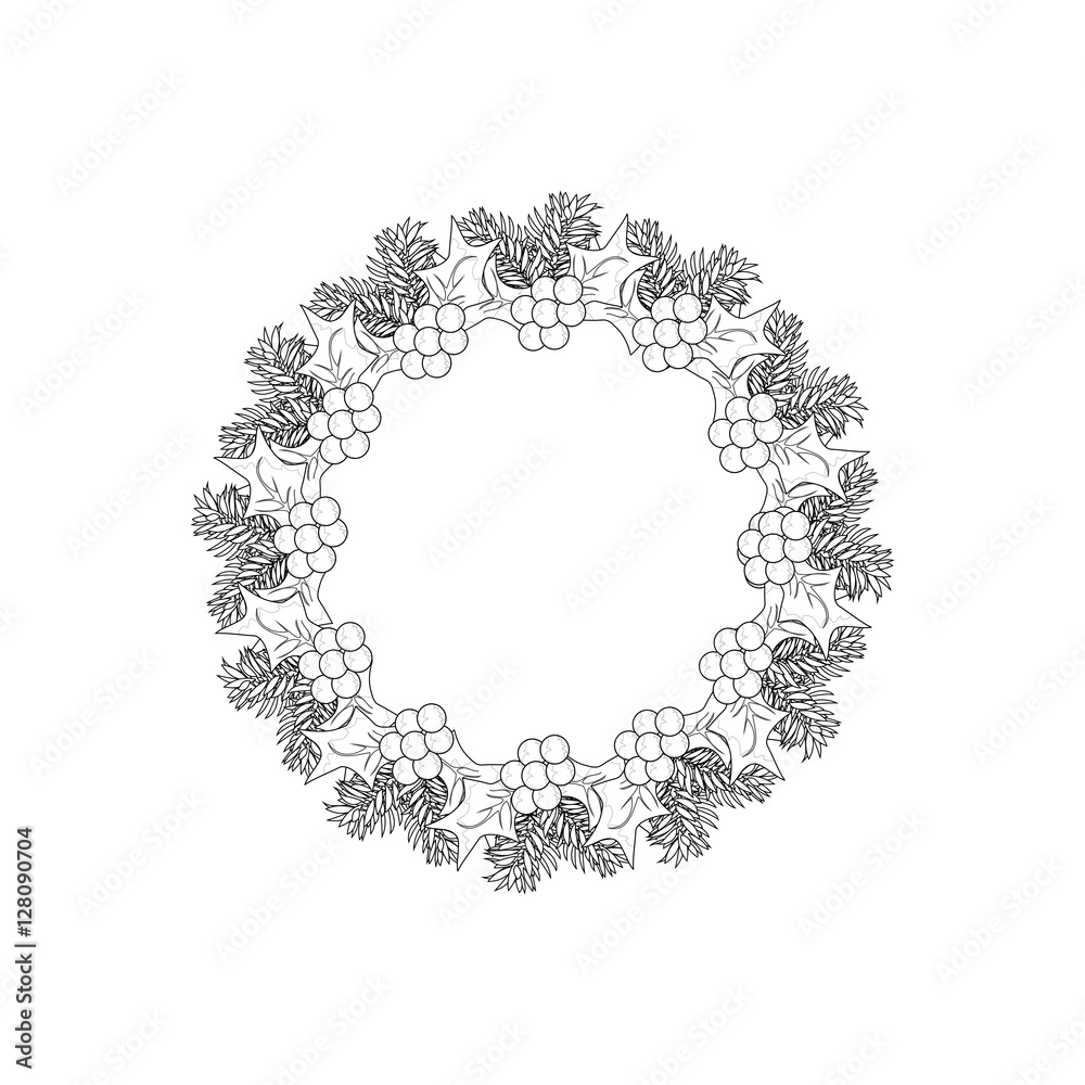 Christmas Wreath With Mistletoe Silhouette Icon Symbol Design. Vector Christmas illustration isolated on white background. Cartoon vector holly berry decorative xmas Wreath with black outlines Christmas Wreath With Mistletoe Silhouette Icon Symbol Design. Vector Christmas illustration isolated on white background. Cartoon vector holly berry decorative xmas Wreath with black outlines