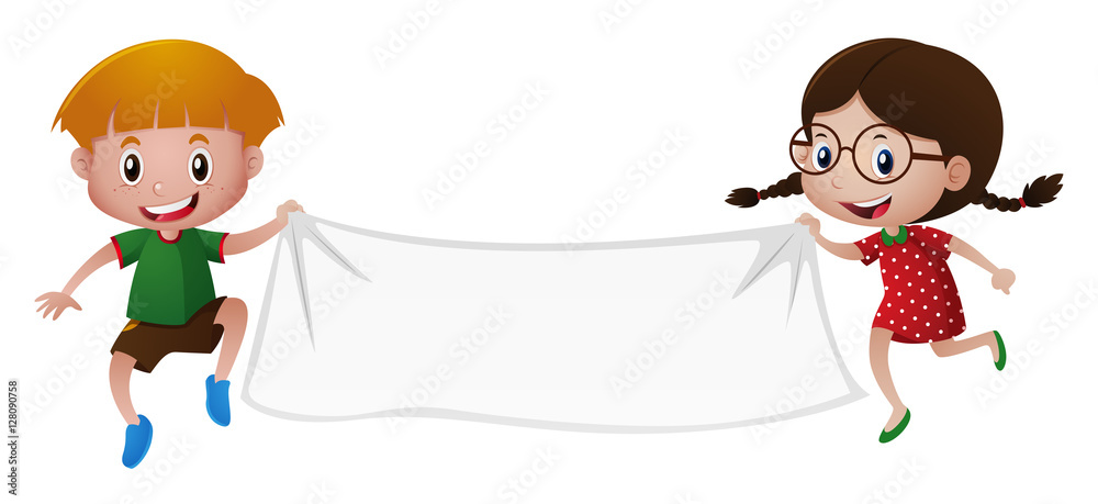Boy and girl holding white banner Boy and girl holding white banner