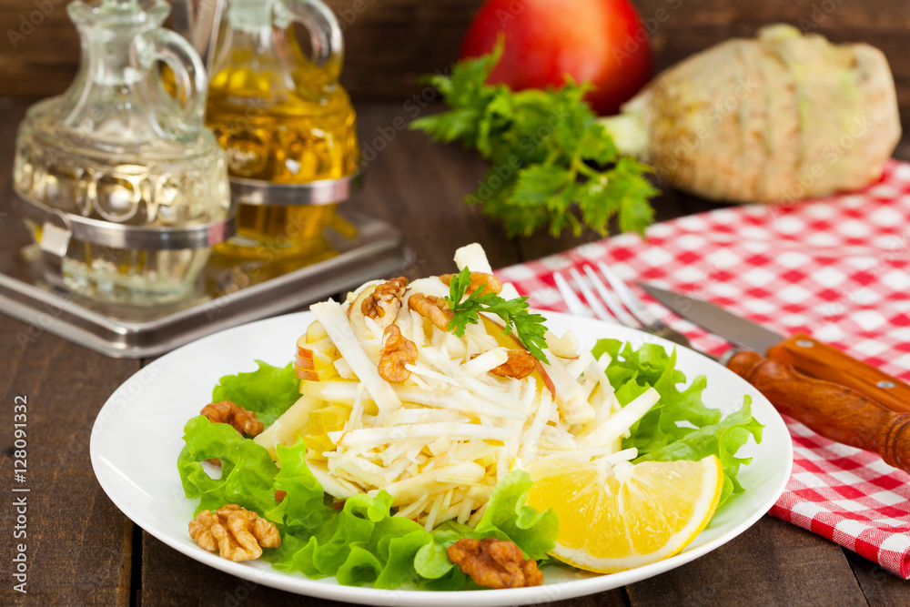 Waldorf salad made of fresh apples, celery and walnuts,farm-style