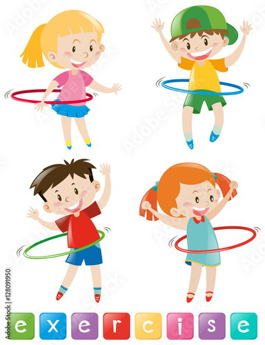 Four kids exercising with hulahoop