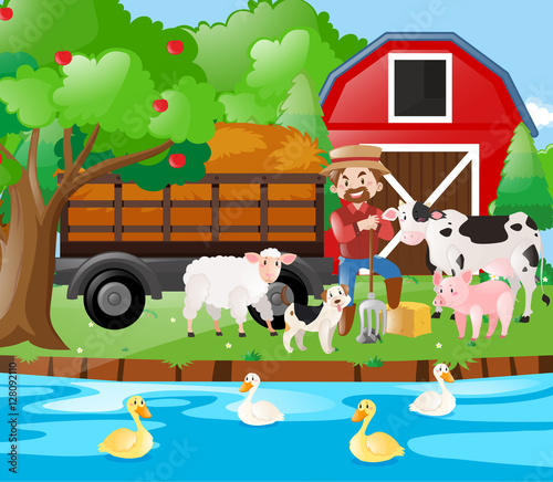 Farm scene famer and farm animals by the river