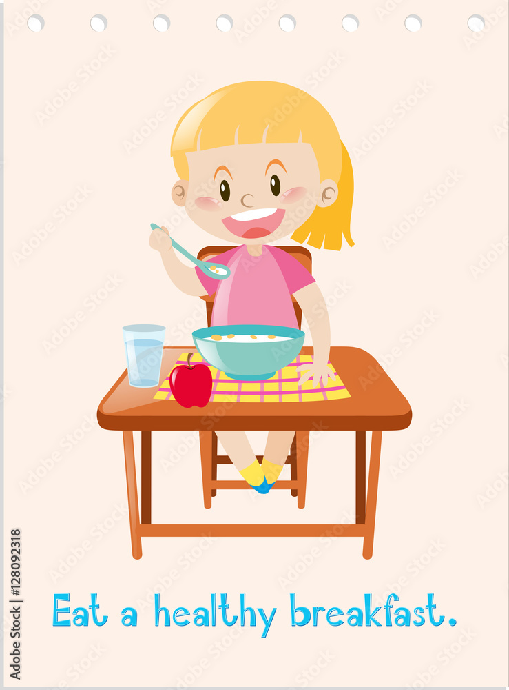 Wordcard with girl eating healthy breakfast Wordcard with girl eating healthy breakfast