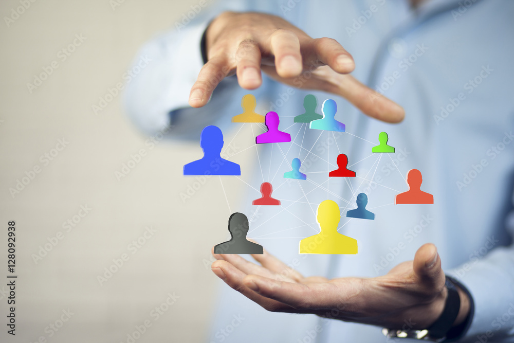 Businessman using hand social network interface Businessman using hand social network interface