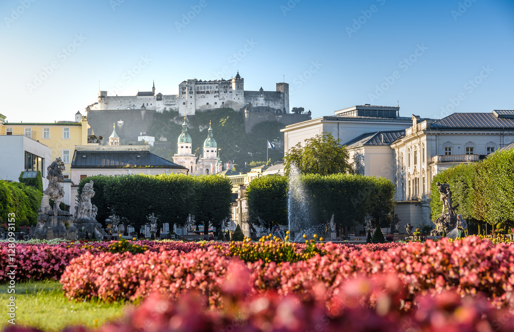 Famous fortress Hohensalzburg from Mirabell garden, Salzburg, Austria