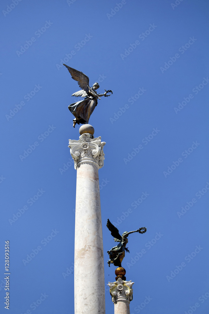 View of winged woman statues in front Altar of the Fatherland in Rome.