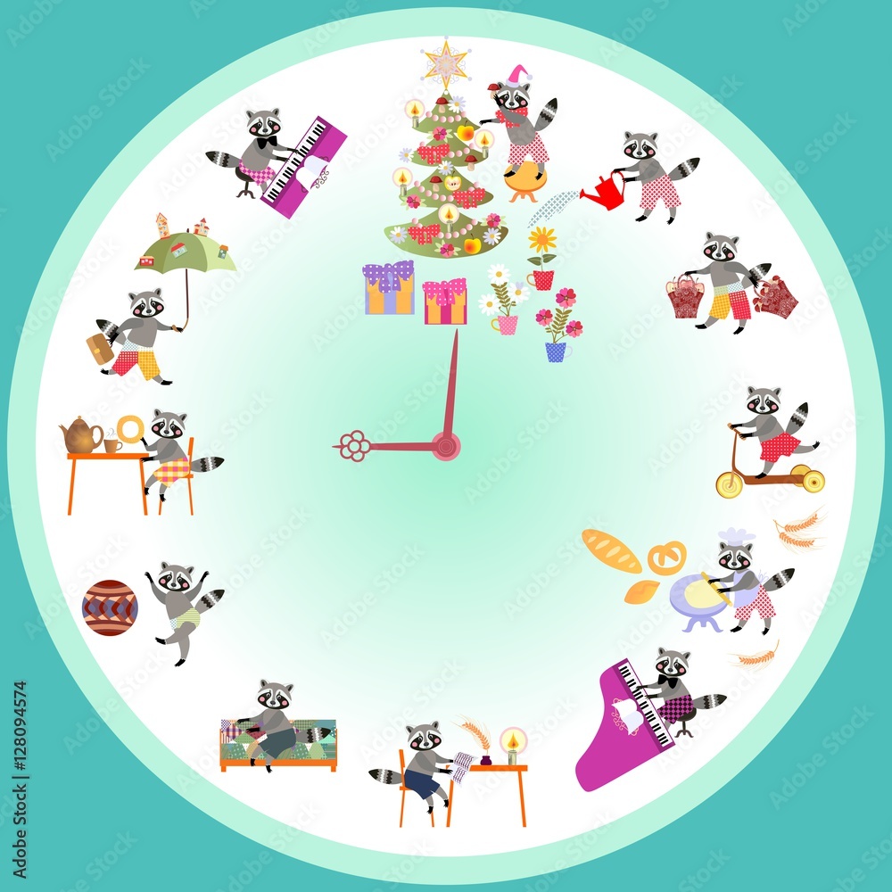 Naklejka premium Clock with cute raccoons. Vector set of cartoon raccoons.