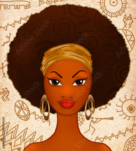 Portrait of a young black woman on ethnic background, model of fashion, illustration photo