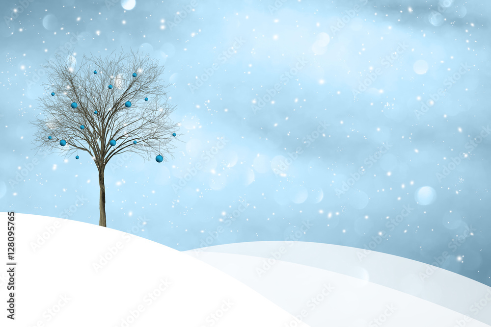 Beautiful snowy winter landscape with New Year decoration tree illustration background. Beautiful New Year and Christmas holiday greeting card background with place for text. Beautiful snowy winter landscape with New Year decoration tree illustration background. Beautiful New Year and Christmas holiday greeting card background with place for text.
