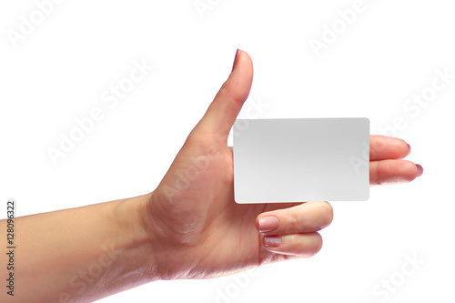 Left Female Hand Hold Blank White Card Mock-up. SIM Cellular Plastic NFC Smart Tag Call-card Mock Up Template. Credit Namecard or Transport Ticket. Christmas Store Discount Loyalty Gift. Copy space. photo