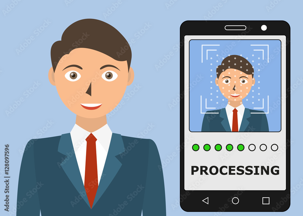 Biometrical identification. Facial recognition system concept. Mobile app for face recognition. Vector illustration Biometrical identification. Facial recognition system concept. Mobile app for face recognition. Vector illustration