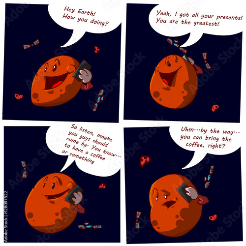 Comic of Mars calling Earth inviting to come and visit