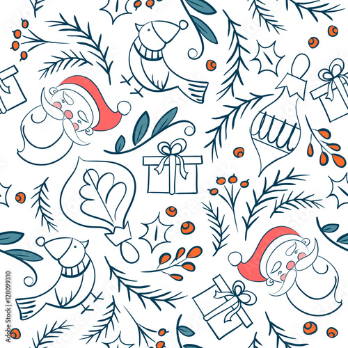 Hand drawn Christmas seamless pattern on white background