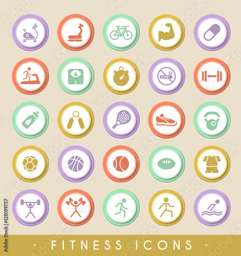 Set of Fitness Icons on Circular Colored Buttons. Vector Isolated Elements.