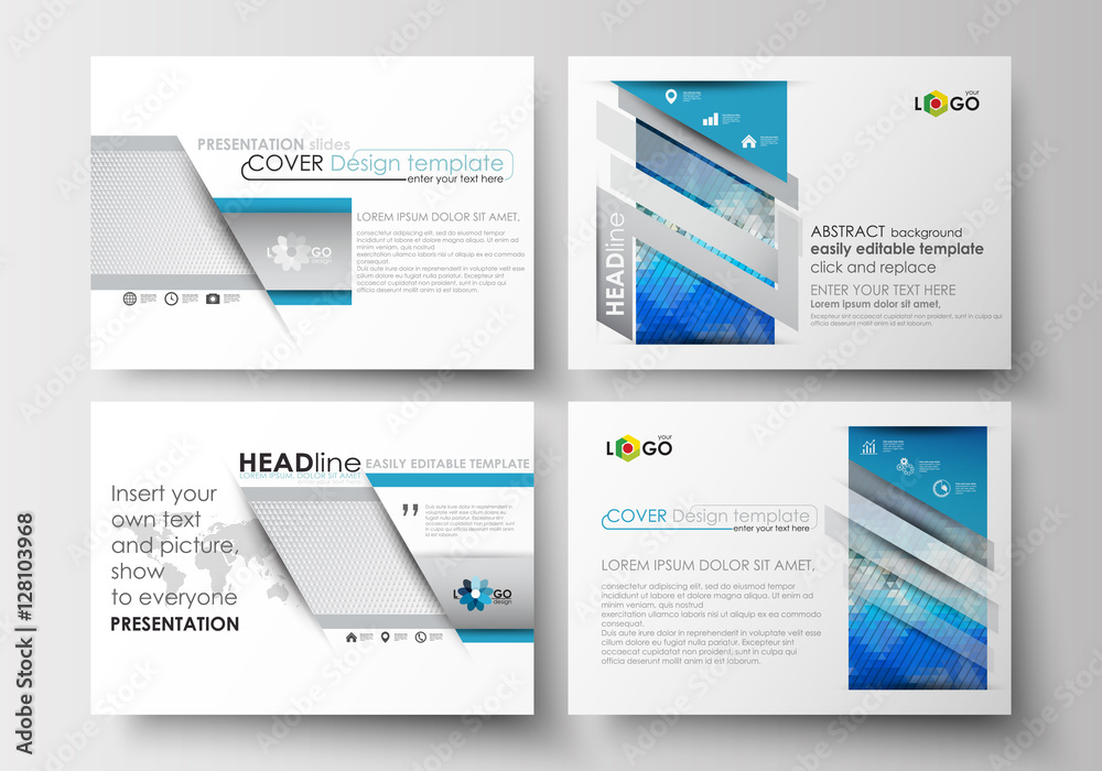 Set of business templates for presentation slides. Easy editable layouts in flat design. Abstract triangles, blue and gray triangular background, modern polygonal vector.