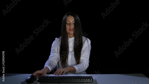 Girl scared of watching videos on the internet. Emotions. Studio