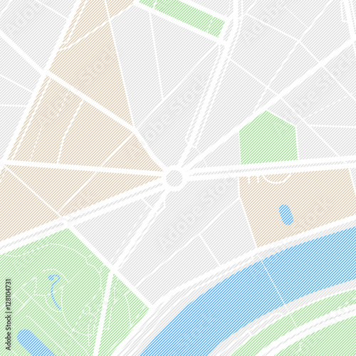 Map of the city with streets, parks and pond. Flat design abstract vector illustration.