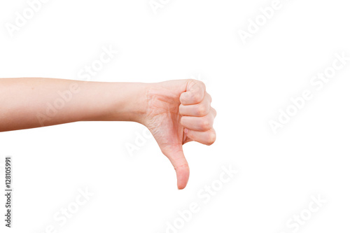 Female hand gesturing thumb down sign