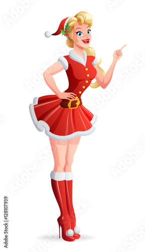 Beautiful woman in Santa outfit finger pointing up. Vector illustration.