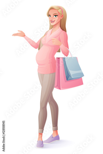 Vector beautiful pregnant woman standing with shopping bags and presenting.