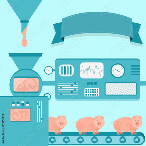 Vector illustration of factory producing pigs. Production from liquid pink leather. Empty ribbon for insert text. Concept. Metaphorical. Imaginative.