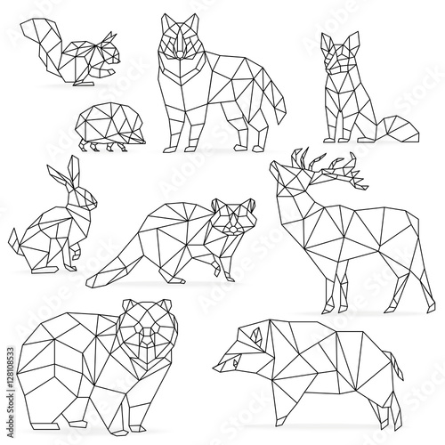 Low poly line animals set. Origami poligonal line animals. Wolf bear deer wild boar fox raccoon rabbit hedgehog.