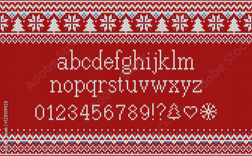 Christmas font. Knitted latin alphabet on seamless knitted pattern with snowflakes and fir. Nordic fair isle knitting, winter holiday sweater design. Vector Illustration.