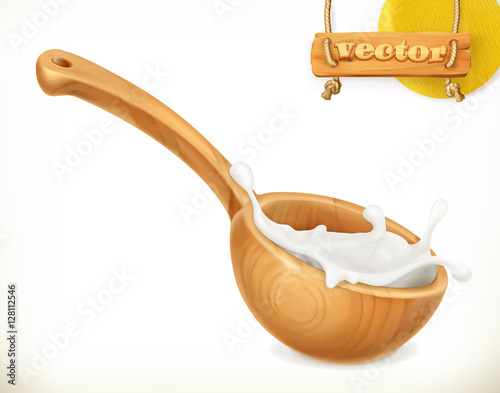 Wooden spoon. Milk. Rustic style. Natural dairy products. 3d vector icon