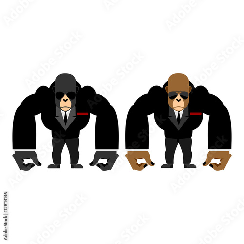 Gorilla bouncer. Big strong animal guard. Monkey in black suit b