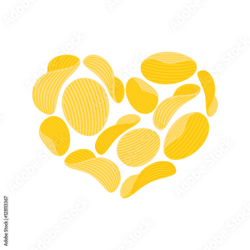 I love Potato chips. snacks heart isolated. I like Food