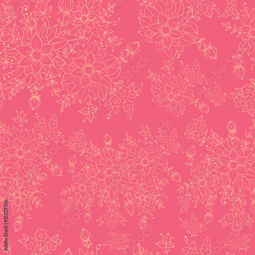 Flower seamless pattern with bouquets of wild flowers. Contour illustration on a pink background. © irleyn