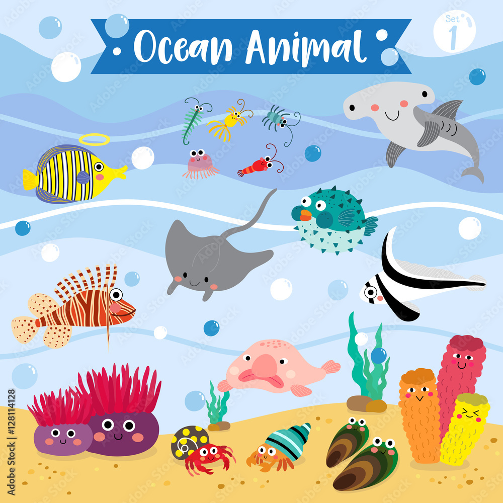 Ocean Animal cartoon underwater background. Blowfish. Hammerhead Shark. Hermit Crab. Sponge. Lionfish. Jackknife Fish. Blobfish. Angelfish. Manta Ray. Mussel. Zooplankton. Vector illustration. Set 1. - obrazy, fototapety, plakaty 