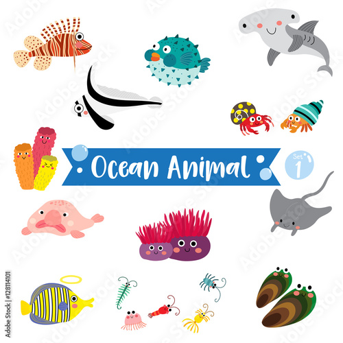 Ocean Animal cartoon on white background. Blowfish. Hammerhead Shark. Hermit Crab. Sponge. Lionfish. Jackknife Fish. Blobfish. Angelfish. Manta Ray. Mussel. Zooplankton.  Vector illustration. Set 1.