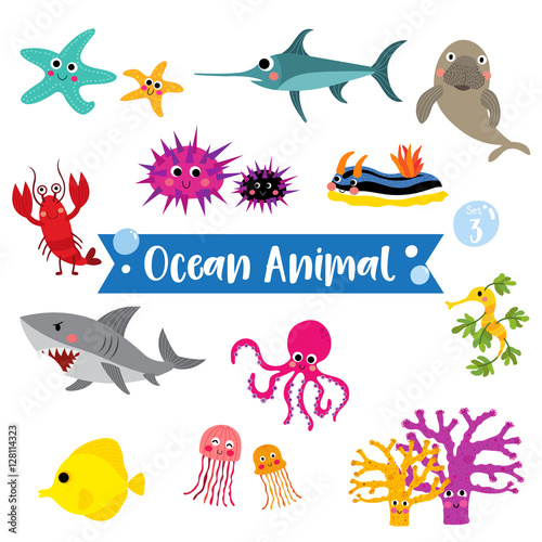Ocean Animal cartoon on white background.  Lobster. Starfish. Octopus. Shark. Jellyfish. Coral. Tang. Sea Dragon. Urchin. Swordfish. Nudibranch. Dugong. Vector illustration. Set 3.