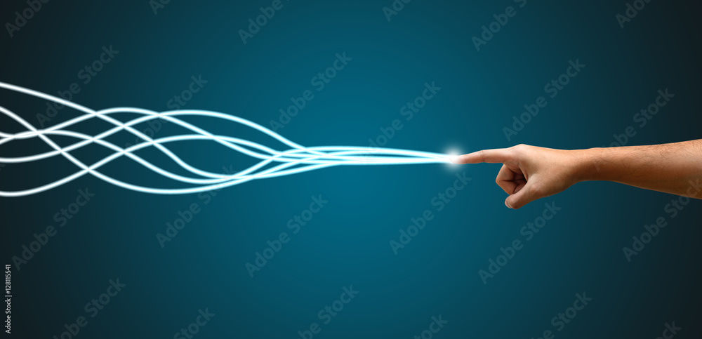 Young man hand pointing with fiber optic light trail connection. - obrazy, fototapety, plakaty 
