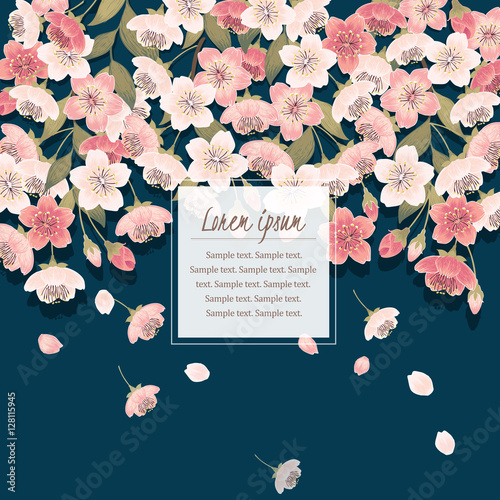 Vector illustration of a beautiful floral border with cherry blossom tree branches. Indigo background