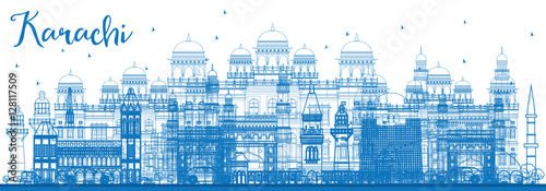 Outline Karachi Skyline with Blue Landmarks.