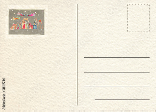 Hand drawn back postcard with Christmas nativity scene