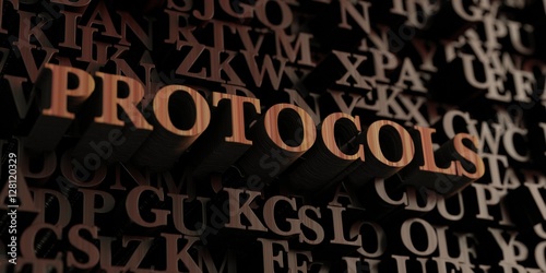 Protocols - Wooden 3D rendered letters/message. Can be used for an online banner ad or a print postcard.