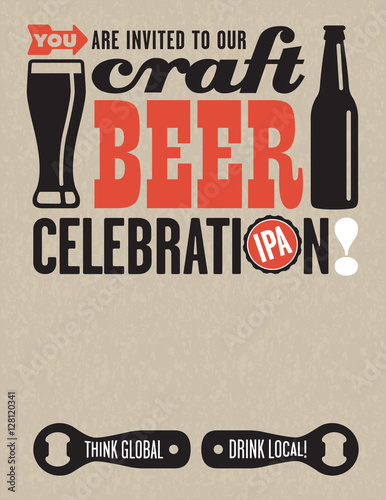 Craft Beer Clebration invitation template using vector Illustrations of beer related elements on grunge background.