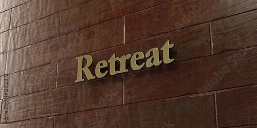 Retreat - Bronze plaque mounted on maple wood wall - 3D rendered royalty free stock picture. This image can be used for an online website banner ad or a print postcard.