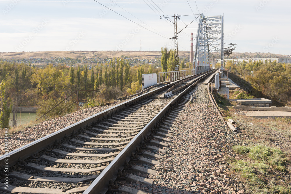 Rails running on a railway bridge across the Volga-Don canal, Volgograd