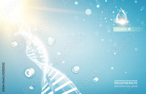 Abstract blue light background for science design. Science illustration of a cream molecule. Organic cosmetic and skin care cream. Beauty skin care design over blue background. Vector illustration.