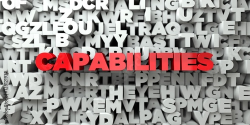 CAPABILITIES -  Red text on typography background - 3D rendered royalty free stock image. This image can be used for an online website banner ad or a print postcard. photo