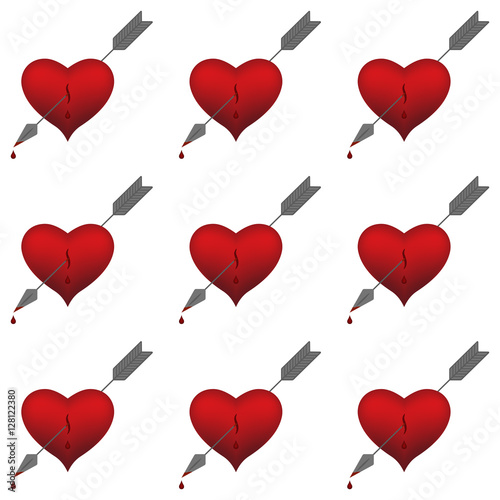9 hearts pierced by an arrow. Valentine. dripping blood from the heart. white striped background.
