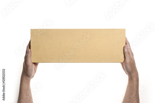 Two hands hold a empty(blank) yellow gift box isolated white © dohee