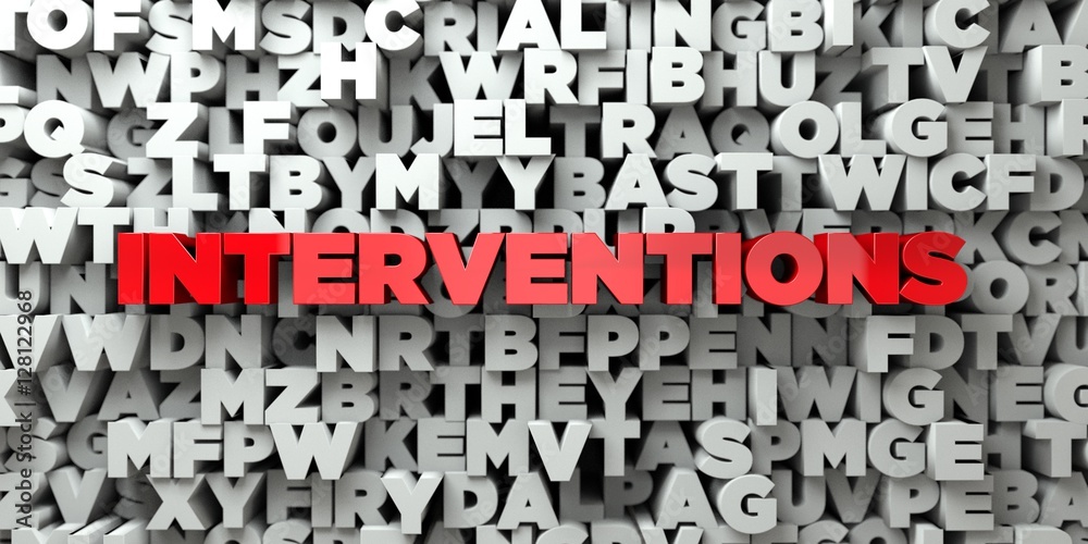 INTERVENTIONS - Red text on typography background - 3D rendered royalty ...