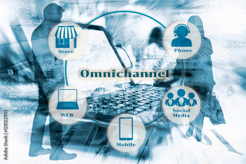 Marketing Data mangement platform and Omnichannel concept image. Omnichannel element icons on Double exposure of modern store, sillhouette of business man standing using smart phone and computer. 